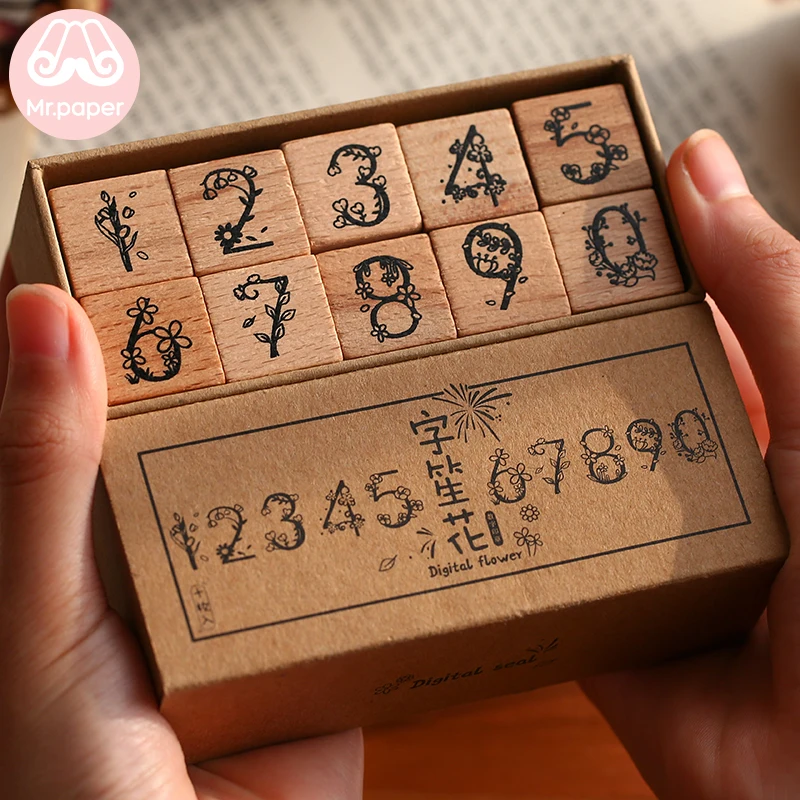 

Mr Paper 10pcs/pack Number Flower Series Seal Wooden Rubber Stamps Set for Scrapbooking Deco Craft Planet Star Wooden Stamps
