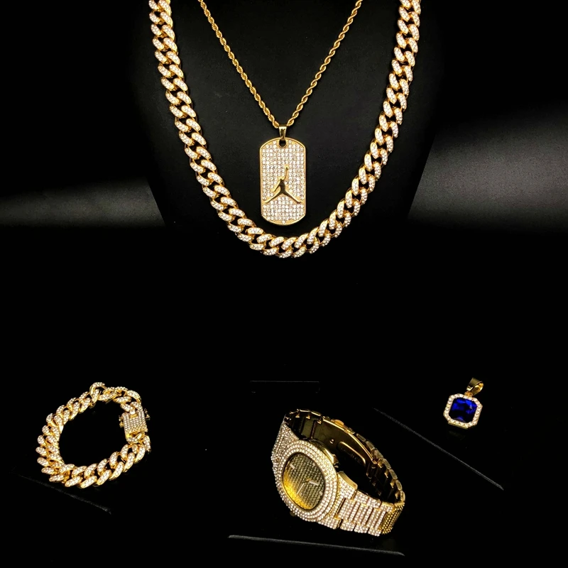 

Diamond inlaid luxury sports Logo Necklace + Cuban chain combination set, gold ice Cuban bracelet, man's watch,