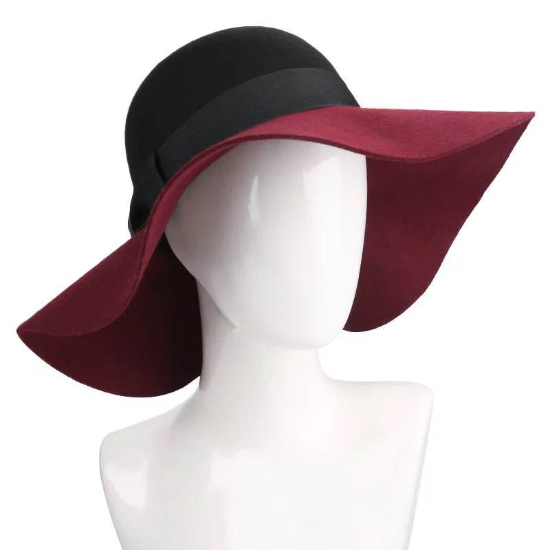 

WIde BIg Floppy Brim Women Hat Pure Wool Felt Dome Fedora Cap Elegant Ladies Autumn Winter Woolen Bow Pillbox Sombero 2019