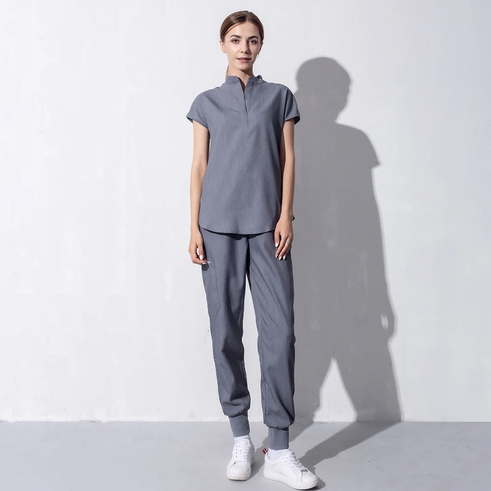 High Quality Denim Gray Scrubs Suits Tooth Check Workwear Spa Uniforms Beautician Scrub Work Suit Scrubs Women Uniform