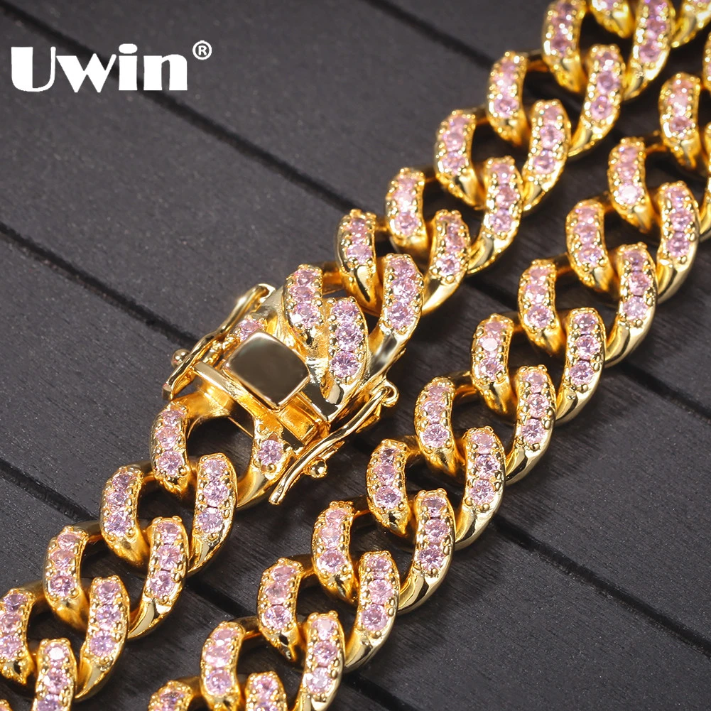 UWIN, женские розовые ожерелья-чокер с кубическим цирконием, 12 мм, модные, в стиле хип-хоп, золотой цвет, кубинская цепочка, ювелирные изделия, Прямая поставка