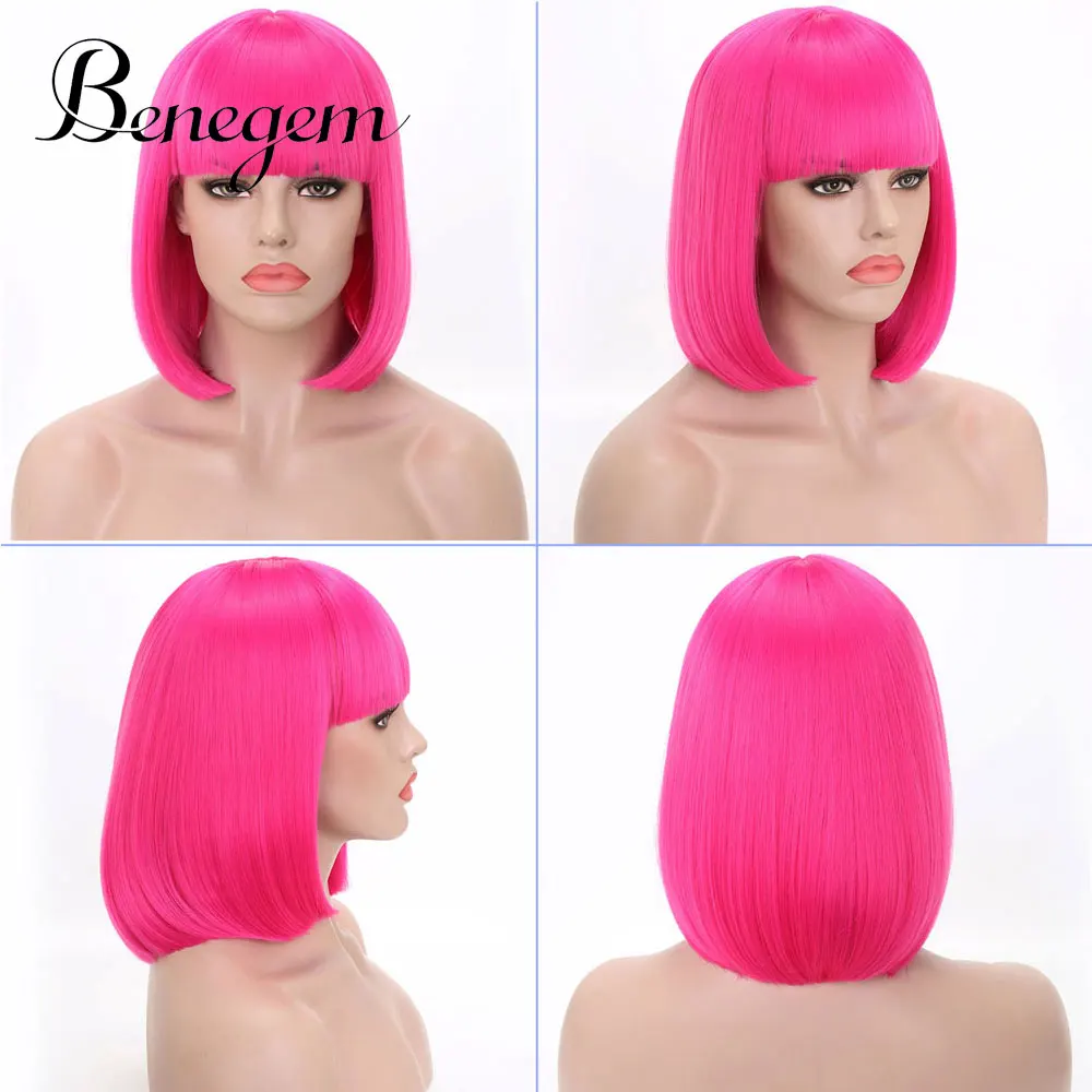 Benemge черный боб парик с челкой короткие прямые некружевные синтетические косплей костюм вечерние парики для женщин - Цвет: Barbie Pink