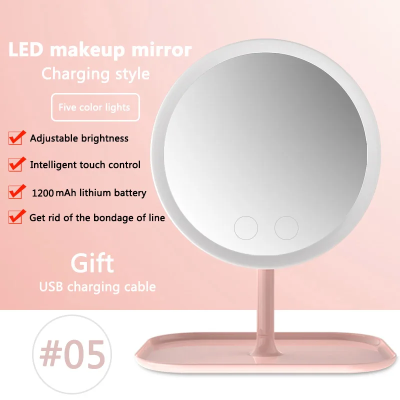 Круглое зеркало для макияжа с светодиодный подсветкой с сенсорным экраном косметическое зеркало для макияжа 1200 мАч батарея для наращивания ресниц Miroir Grossissant - Цвет: LED002-05