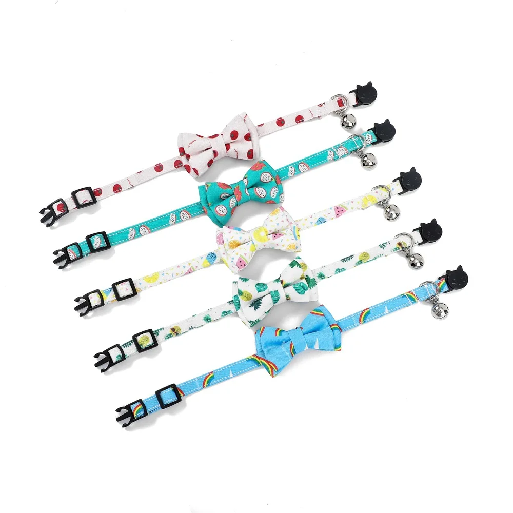 Breakaway Cat Collar with Bell and Accessories Summer Printing Kitten Collar Bowtie Safety for Kitty 10 Colors Adjustable