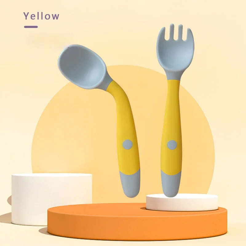 2Pcs/Set Infant Baby Cartoon Silicone Spork Learning Food Eating