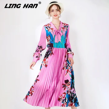 

LINGHAN Fashion Print Pleated Long Dress Women's elegant Bow Long sleeve Slim Party Dresses Designer Spring Summer New