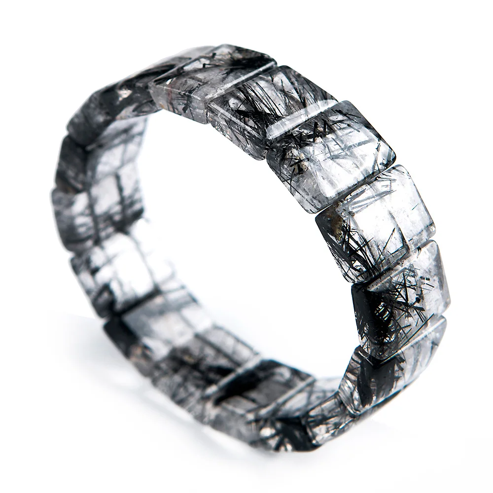

Genuine Black Natural Rutilated Quartz Bracelet 18x7mm For Women Men Stretch Crystal Clear Rectangle Beads AAAAA