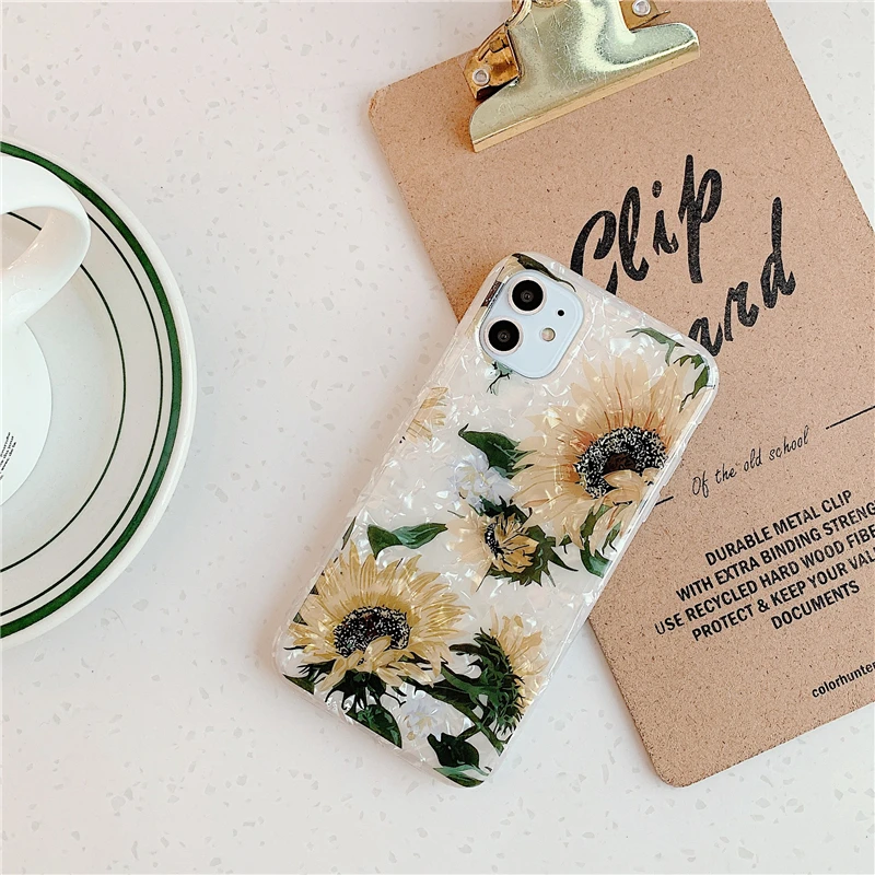 

Cute Shell pattern Sunflower flower female Phone Cover Case For Iphone X 11 pro Xs Max Xr 10 8 7 Plus Luxury Soft Coque Fundas