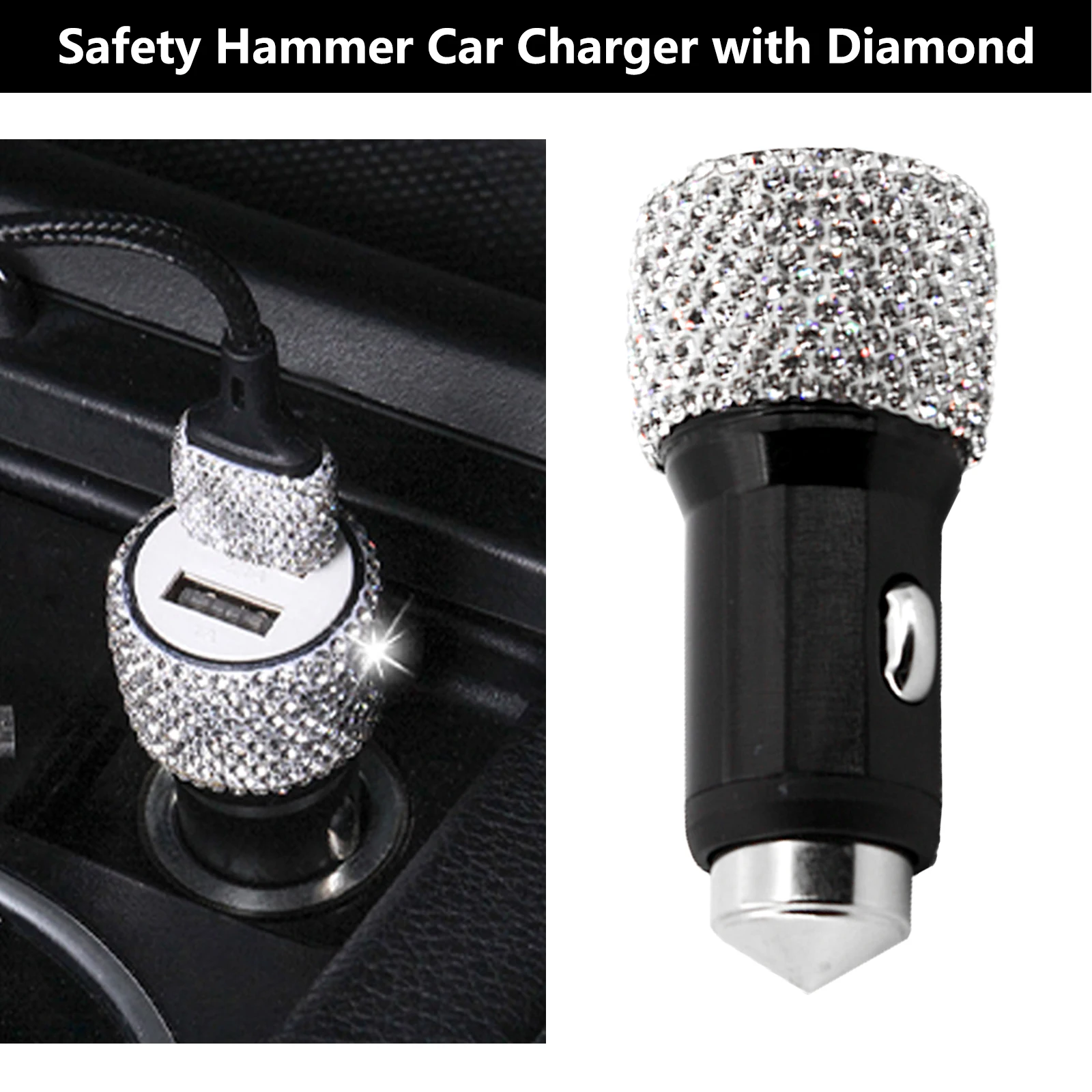 

Diamond-Mounted Car Phone Safety Hammer Charger Dual USB Fast-Charged Diamond Car Phone Aluminum Alloy Car Charger