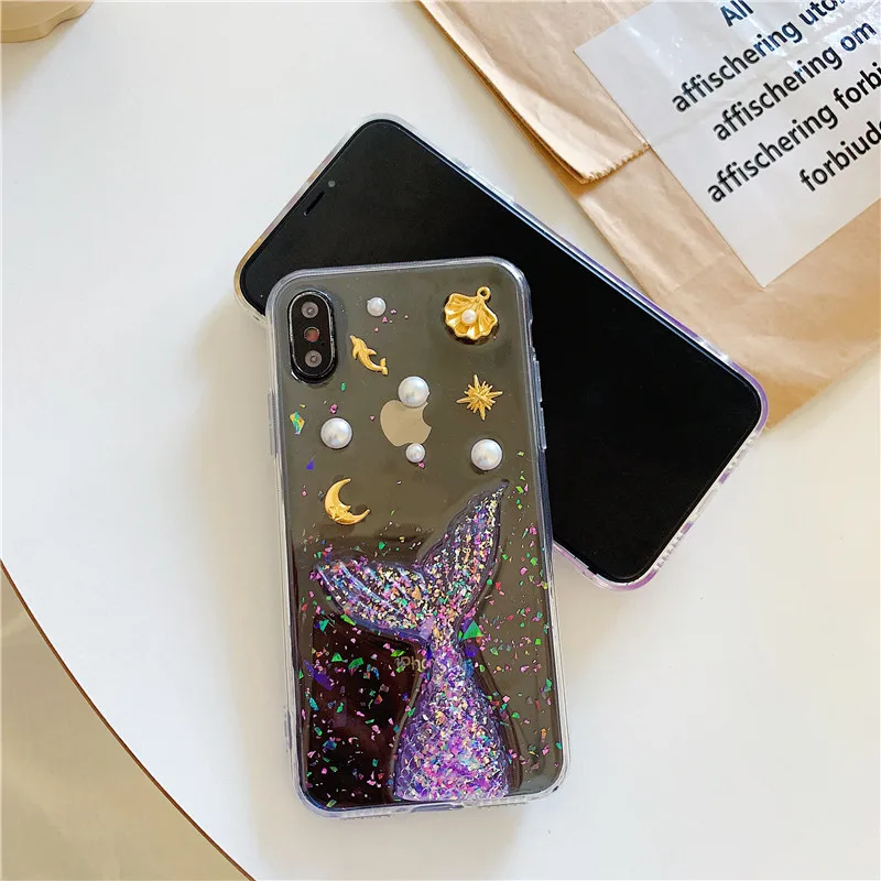 Для iphone 6 6s 7 8 plus X Корея Роскошный Модный милый мультяшный хвост русалки эпоксидные блестки Мягкий силиконовый прозрачный чехол задняя крышка