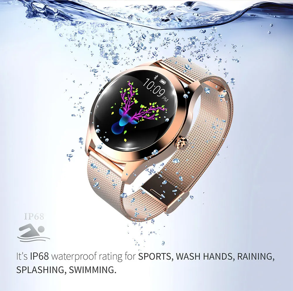 Для женщин и девушек IP68 Водонепроницаемые Смарт-часы Прекрасный браслет монитор сердечного ритма мониторинг сна Smartwatch подключение IOS Android KW10