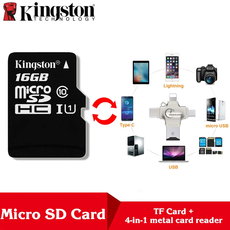 Kingston Microsd 8 ГБ 16 ГБ 32 ГБ 64 Гб 128 ГБ 256 Гб карта памяти класс 10 SDHC TF карта с адаптером/ридером для iphone и ноутбука - Емкость: TF16-R010-Reader