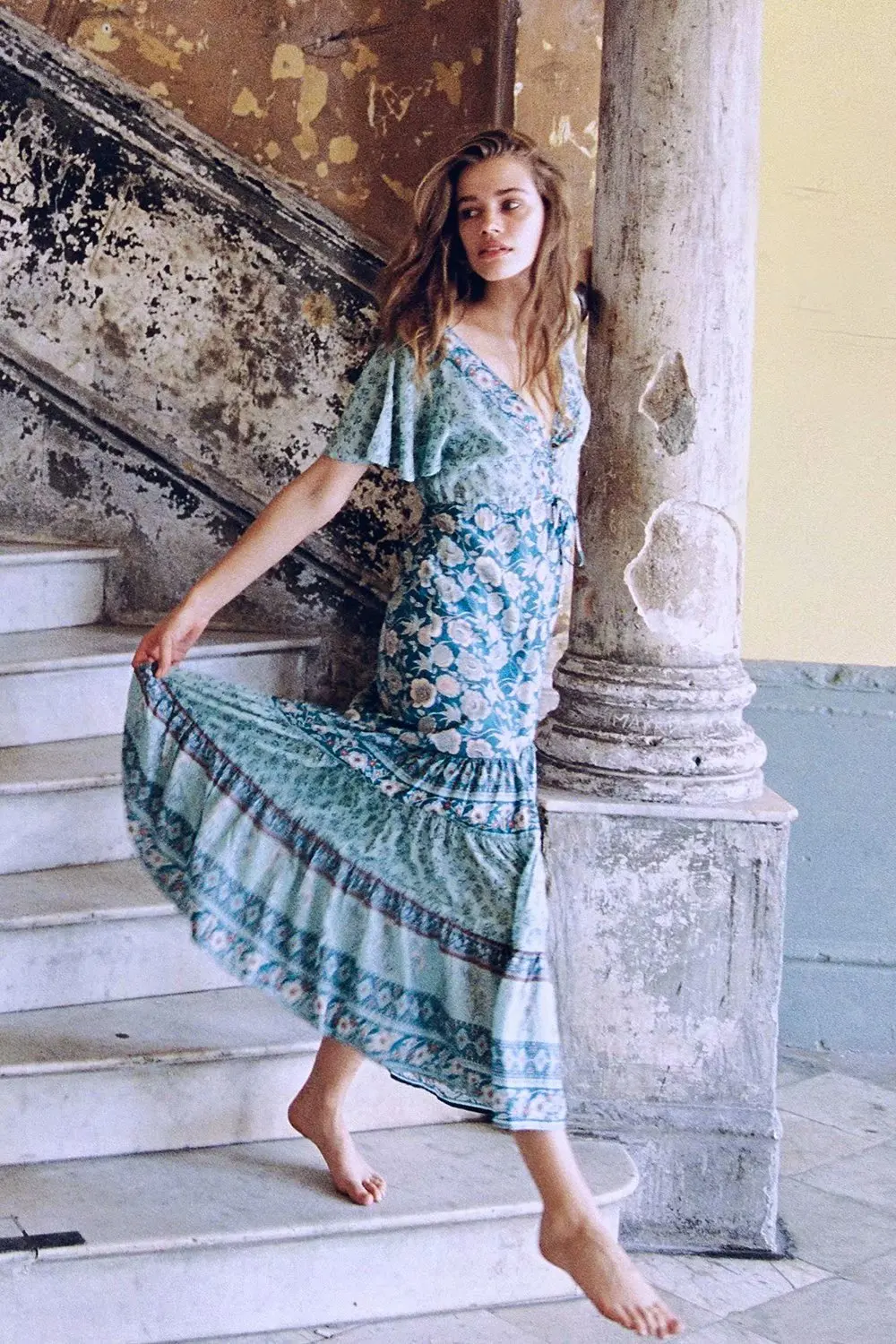 KIYUMI Boho Платье женское на пуговицах спереди с v-образным вырезом Макси платья Лето цыганский шик Vestido короткий рукав сарафан пляжное Повседневное платье