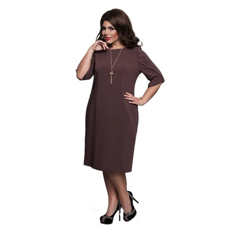 

Seven Points Sleeve Plus Size Female Dresses Round Neck Solid Temperament Commute participants in A - Line Dress, Basic Models