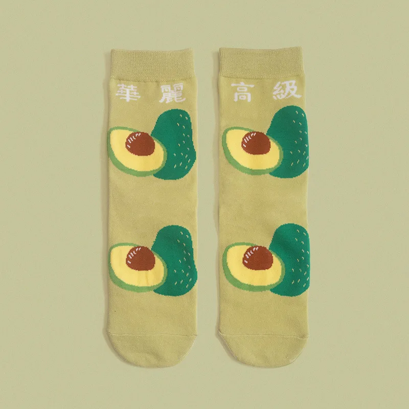 Autumn and winter peach avocado green cotton Japanese cartoon cute creative socks in the tube female socks - Color: Green