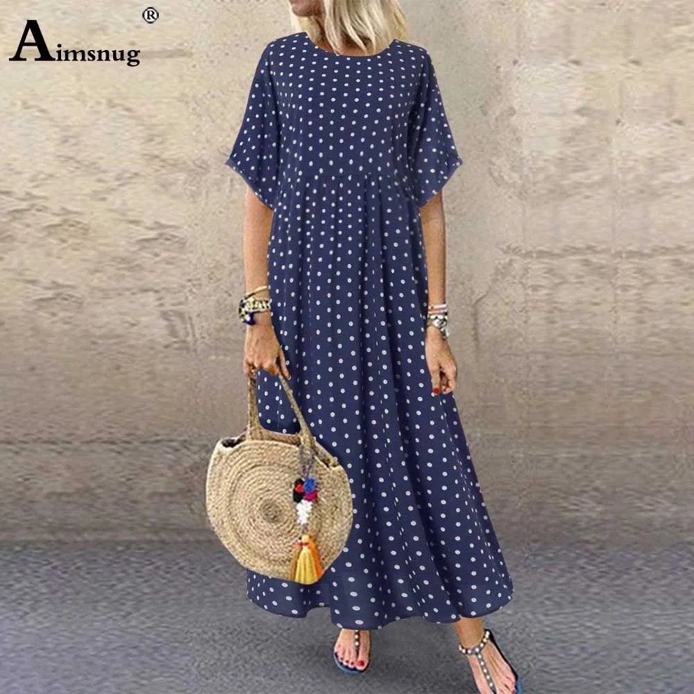 Plus size 4xl 5xl Women Elegant Leisure Casual Long Maxi Dress Bohemian Dot Print Party Dresses Ladies Vintage Loose | Женская одежда
