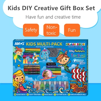 

AMOS MK39P-K Children Face Painting Crayons and Normal Crayon Glitter Glue Pendants Kids Handmade DIY Creative Gift Box Set