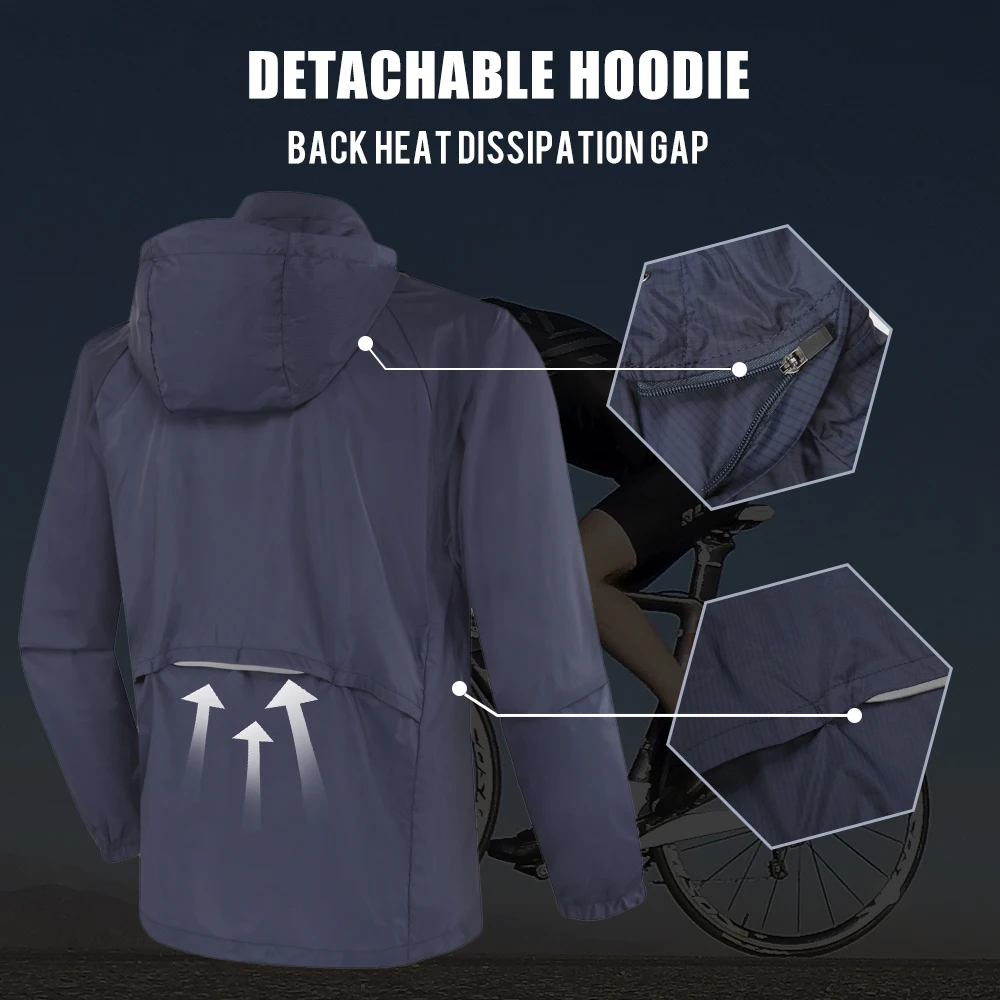 Men Windproof Waterproof Ultralight Cycling Jacket MTB Bicycle Long Sleeve Windbreaker Detachable Hat Bike Coat Jersey