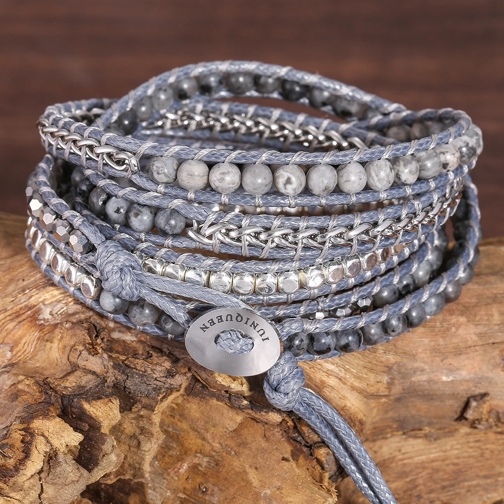 Natural Labradorite Wrap Bracelet - Handmade Grey Wax Rope  Stainless Steel Adjustable Boho Jewelry