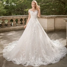 Adoly Mey элегантные свадебные платья трапециевидной формы с круглым вырезом и короткими рукавами Роскошные Аппликации со шлейфом винтажное свадебное платье размера плюс