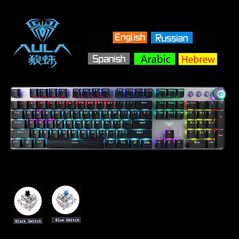 

AULA Gaming Keyboard LED Backlight USB Wired Black Blue Switch Ergonomics 104 Keys Anti-Ghosting Mechanical Gamer Keyboard