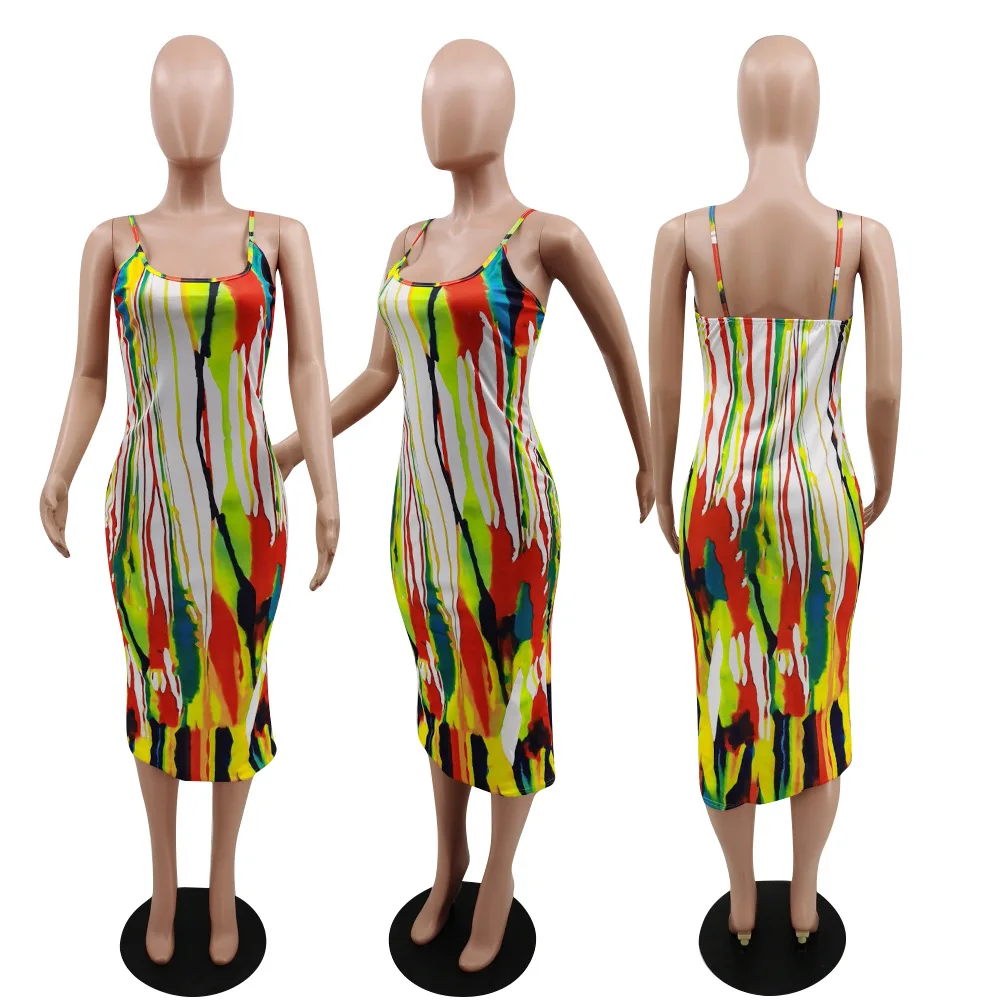 2020 Women Summer Fashion Dress Midi Dress Strap O-Neck Tie-dye Print Bandage Beach Night Club Party Dresses Vestido GL1351