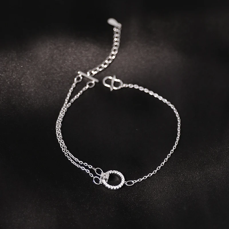 925 Sterling Silver Double Layer Cubic Zircon Bracelet Geometric Round Circle Adjustable For Women Gift S-B327 | Украшения и