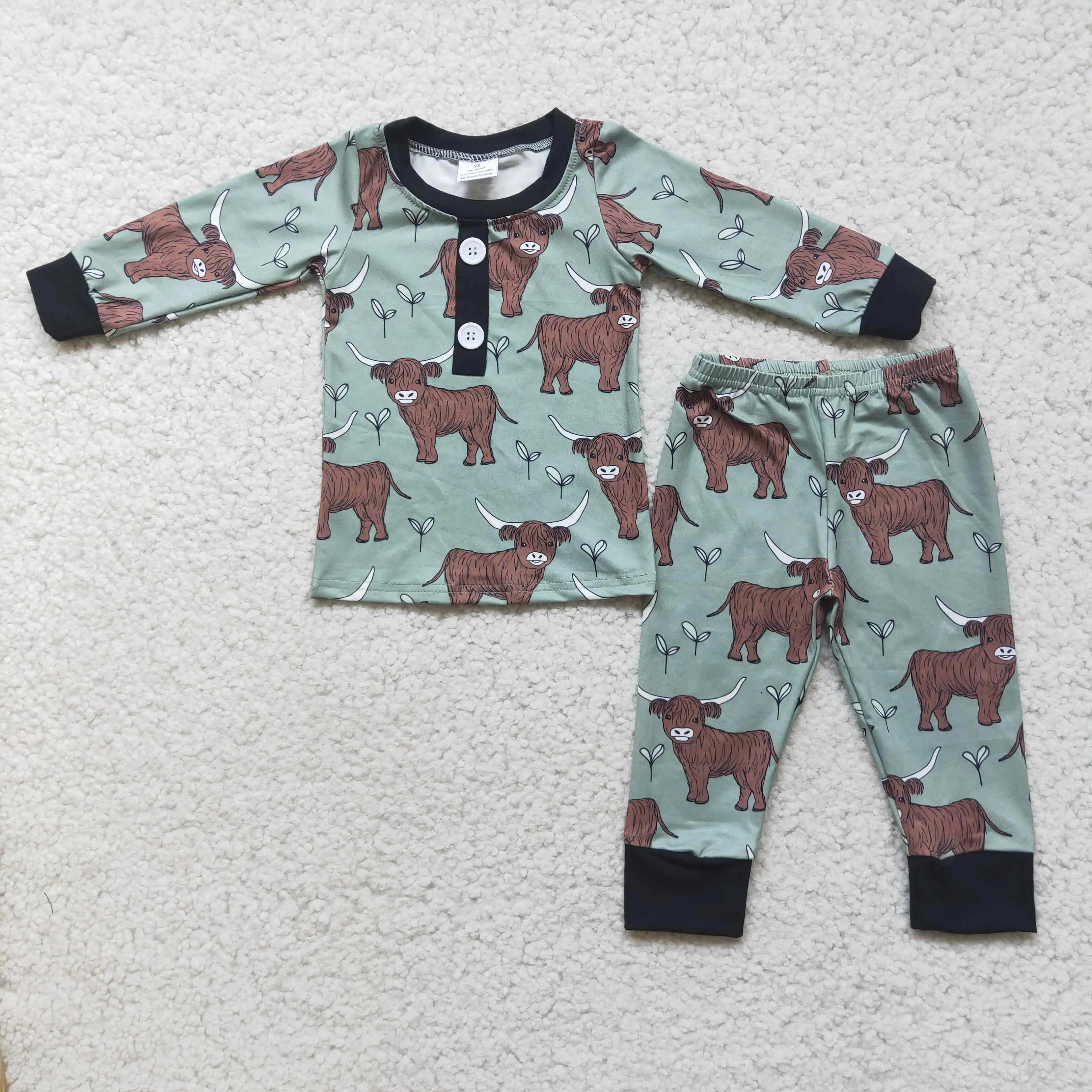Toddler Boy Pajamas Set Brown Cow Print Green Boy Long Sleeve Sleepwear Set Cute Kids Boutique Clothing 2Pcs