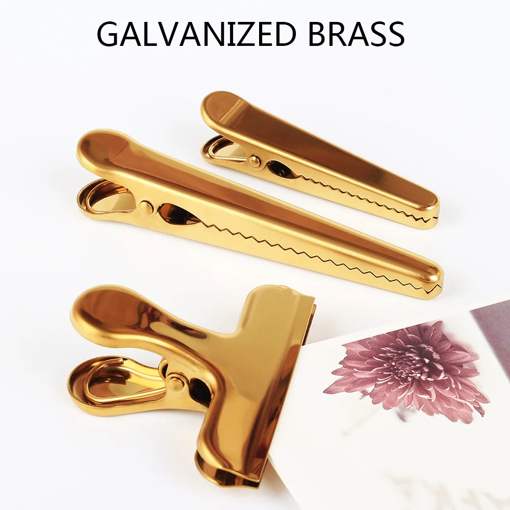 

2PCS Northern Europe Style Gold Electroplated Brass Storage Clip Stainless Steel piao ju jia Metal Binder Clip