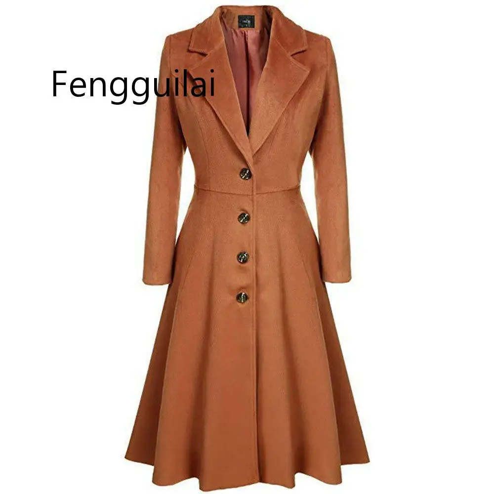 Зимнее шерстяное Теплое повседневное офисное женское длинное пальто размера плюс, приталенное Плиссированное пальто с отворотом и пуговицами, Осеннее Ретро женское пальто - Цвет: Brown