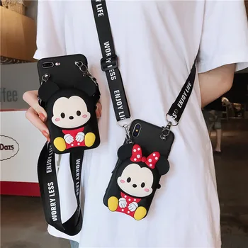 

Fashion shoulder strap cartoon mice case for iphone 11 pro 8plus 8 6 s 7 plus xr xs max girl neck lanyard bracket silicone cover