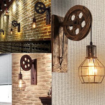 

Retro Industrial Rustic Lifting Pulley Corridor Wall Lamp Iron Loft Cafe Living Room Lantern Fixtures Sconce Light Adjustable