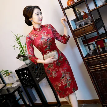 

Vintage Women Red Qipao Sexy High Split Chinese Traditional Party Prom Dress Elegant Print Cheongsam Oriental Long Vestidos