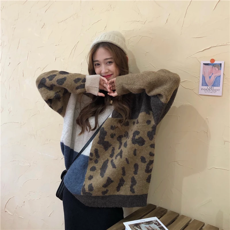 Woherb Harajuku, женские свитера, новинка, джемпер Sueter Mujer, контрастный Леопардовый принт, женский свитер большого размера, пуловеры в Корейском стиле