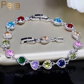 

Pera Fashion Bridal Wedding Charm Bracelet Romantic Heart Connected Multi Color Cubic Zirconia Big Stone Jewelry for Women B061