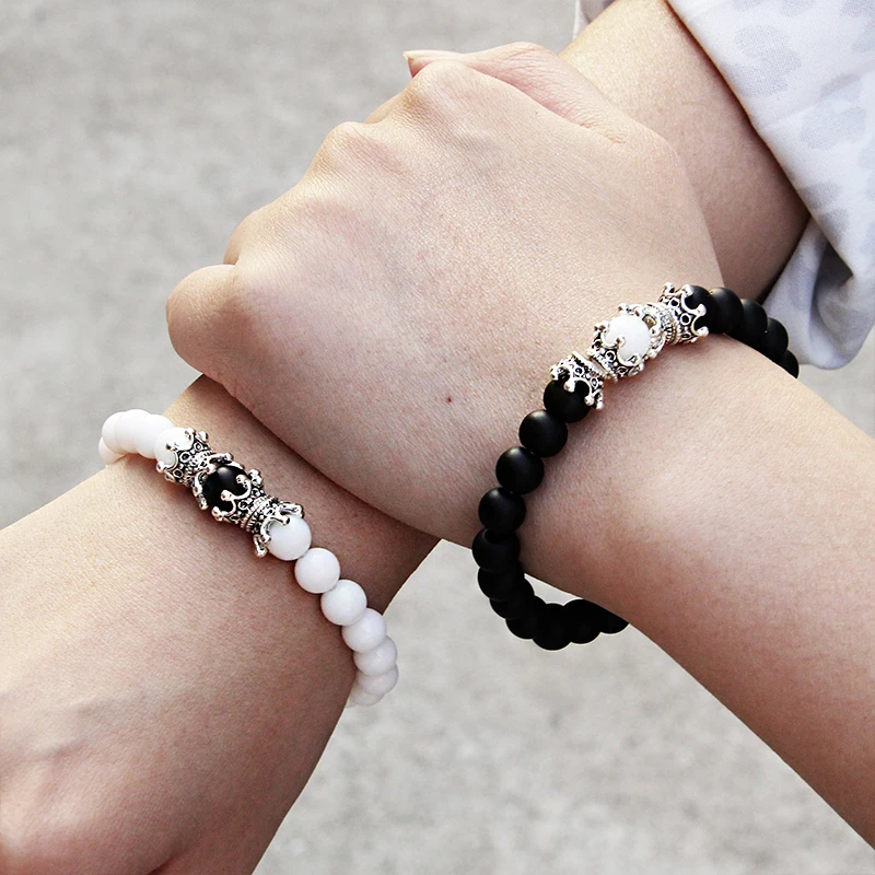 Hynsin Couples Bracelet Natural Stone Bracelet for Men Women White and Black Yin Yang Beaded Bracelets Friend 