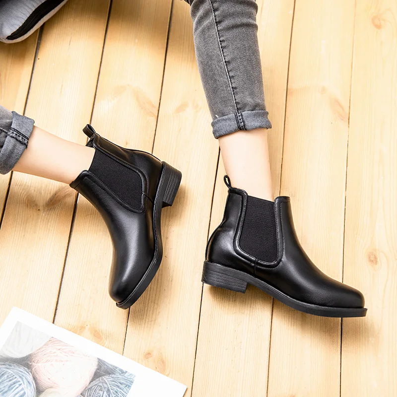 

Winter New ankle chelsea botas femme round toe slip on leather martin boots plush warm women thick mid-high heel elastic booties