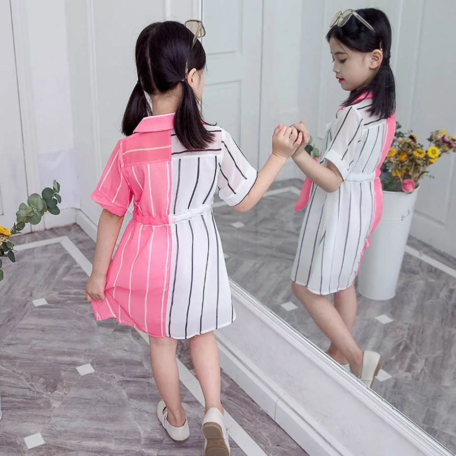 Girls Summer Dress Striped Blouse Dress for Girl Patchwork Kid Shirt Teenage School Costume for Girls girls dress kids clothes
