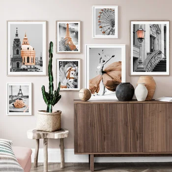 

Black White Pink Golden Castle Flower Tower Woman Nordic Poster Wall Art Prints Canvas Painting Wall Pictures For Living Room