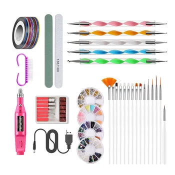 

Nail Art Tool Kit 15Pcs Nail Brushes Set 5Pcs Dotting Pens 10 Rolls Nail Striping Tape Sticker 4 Boxes of Nail Decors Nail