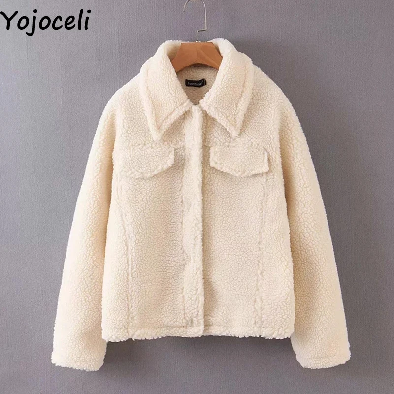 Yojoceli/крутая куртка с карманами из меха ягненка, Женская осенне-Белая теплая короткая куртка из искусственного меха, женская зимняя повседневная Милая шикарная верхняя одежда