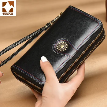 

women's wallet genuine leather purse dual zipper luxe clutch bag mass effect carteras de cuero genuino para mujer cow leather