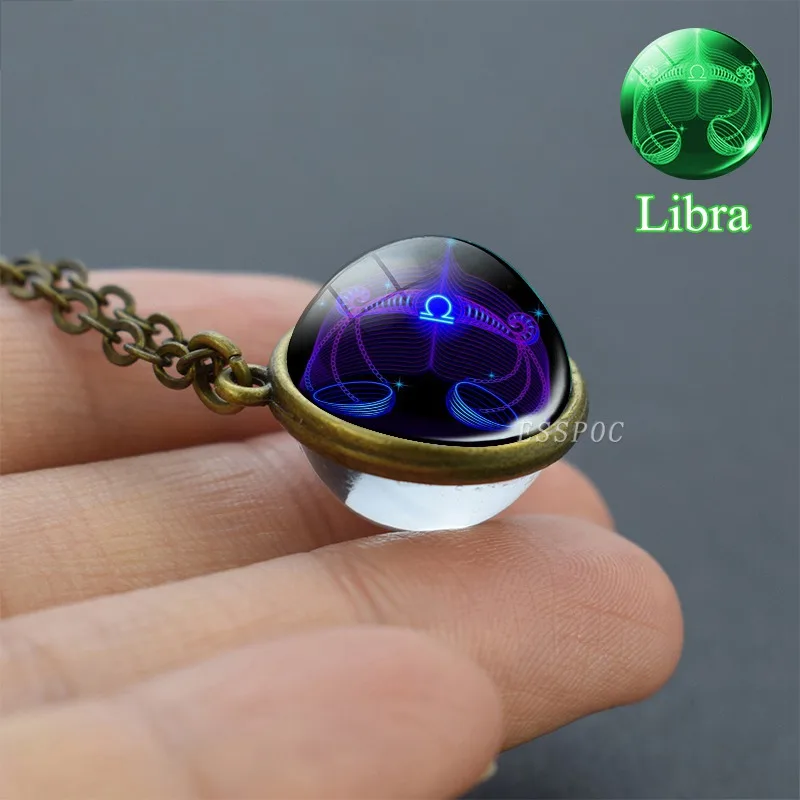 Libra Светится в темноте 12 созвездий свитер цепь стеклянный шар кулон ожерелье Светящиеся ювелирные украшения со знаками зодиака мужские и женские подарки дропшиппинг - Окраска металла: Libra