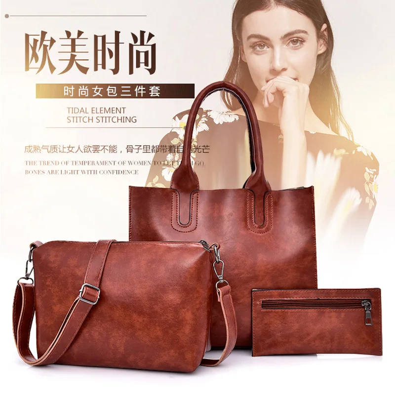 

New Style WOMEN'S Bag Korean-style Different Size Bags Retro Three-piece Set Hand Shoulder Large Bag