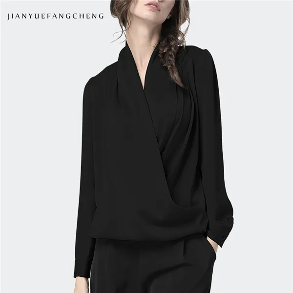 Повседневная Женская атласная блузка, свободная, перекрестная, v-образный вырез, длинный рукав, для девушек, Осенний Топ, модная, одноцветная, гладкая, облегающая, размера плюс, блузки - Цвет: Black