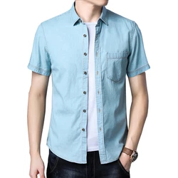 Chemise en Denim pour hommes, coupe Slim, manches courtes, mode, Double poche, été 