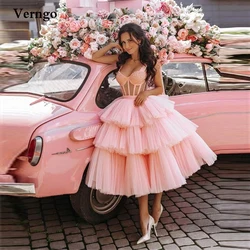 Verngo 2021 Baby Pink Ball Gown Prom Dresses Sweetheart Beads Tulle Layered Tiered Tea Length Evening Party Graduation Dress