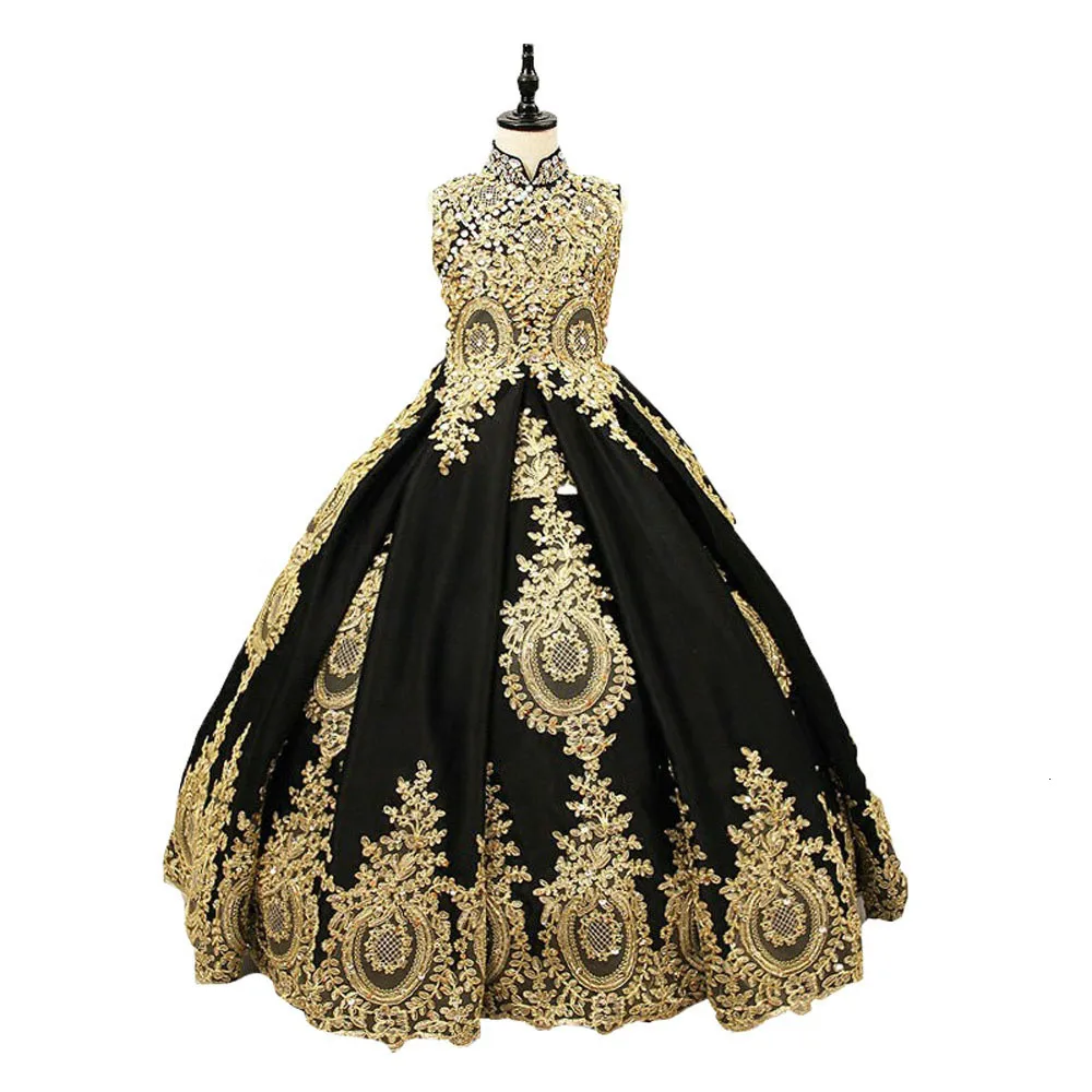 

New Hand Made 100% Real Actual Beaded Appliqued Lace Puffy Customized Plug Big Size Gold Black Flower Girl Dresses FL027