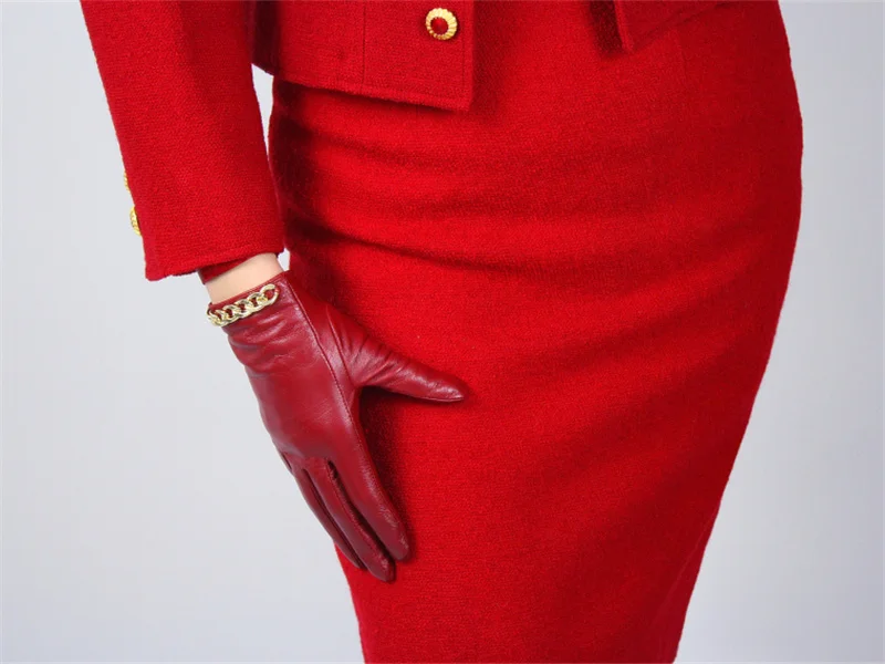 Женские перчатки из овчины, красные, супер блестящие, с золотой цепочкой, короткие, с подкладкой, теплые перчатки, сенсорный экран, 3-TB61