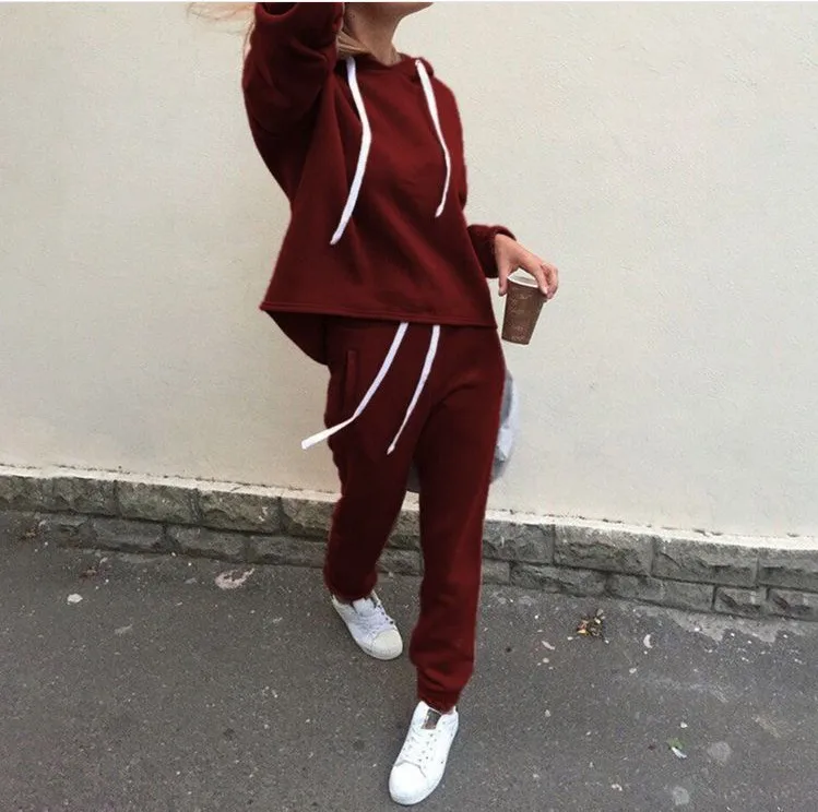 Wine Red 2Pcs Suit Осенний спортивный костюм с длинным рукавом, утолщенные толстовки с капюшоном, комплект из 2 предметов, повседневный спортивный костюм, женский спортивный костюм - Цвет: Wine Red 2Pcs Suit